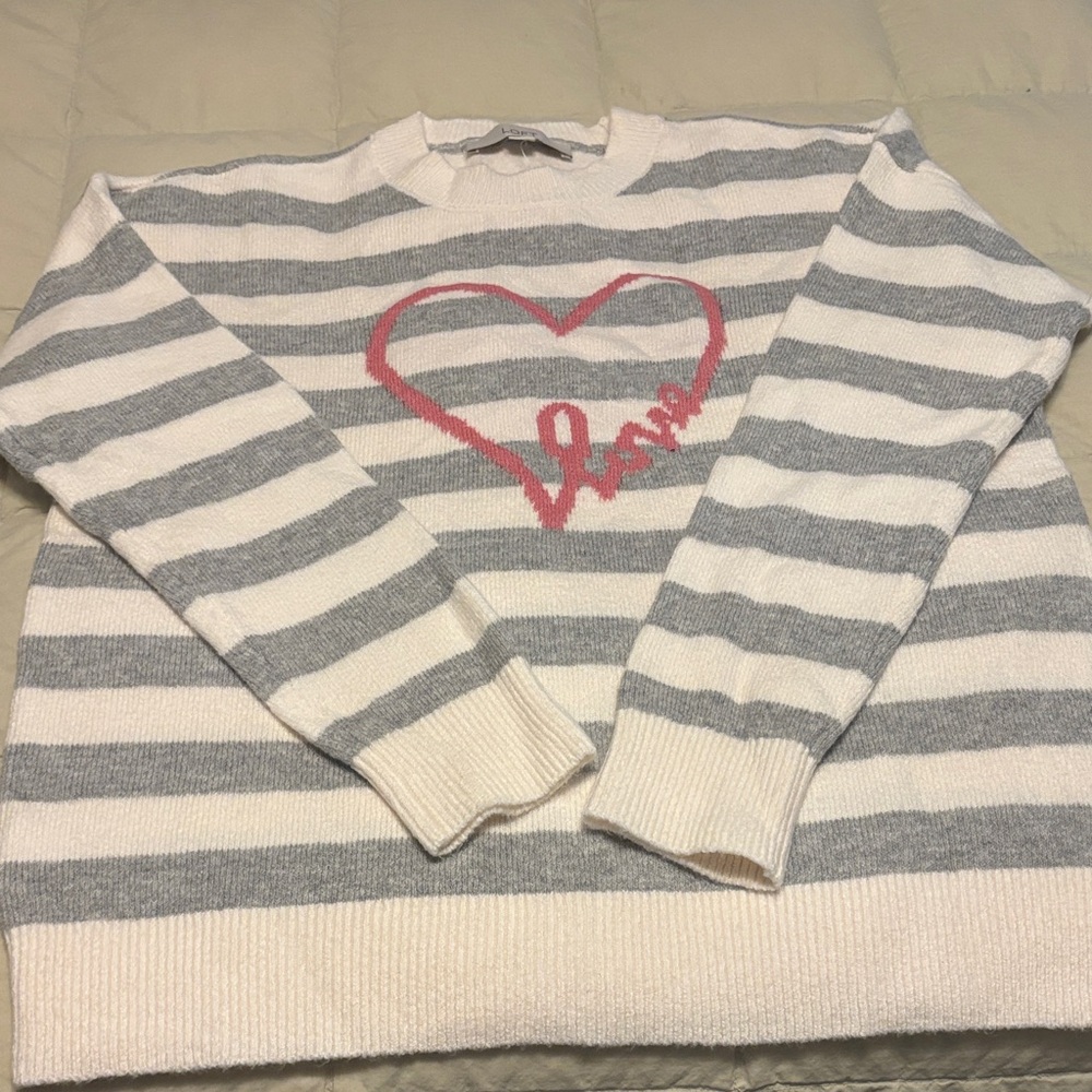 LOFT Cream and Gray Striped Crewneck Sweater with Pink Heart